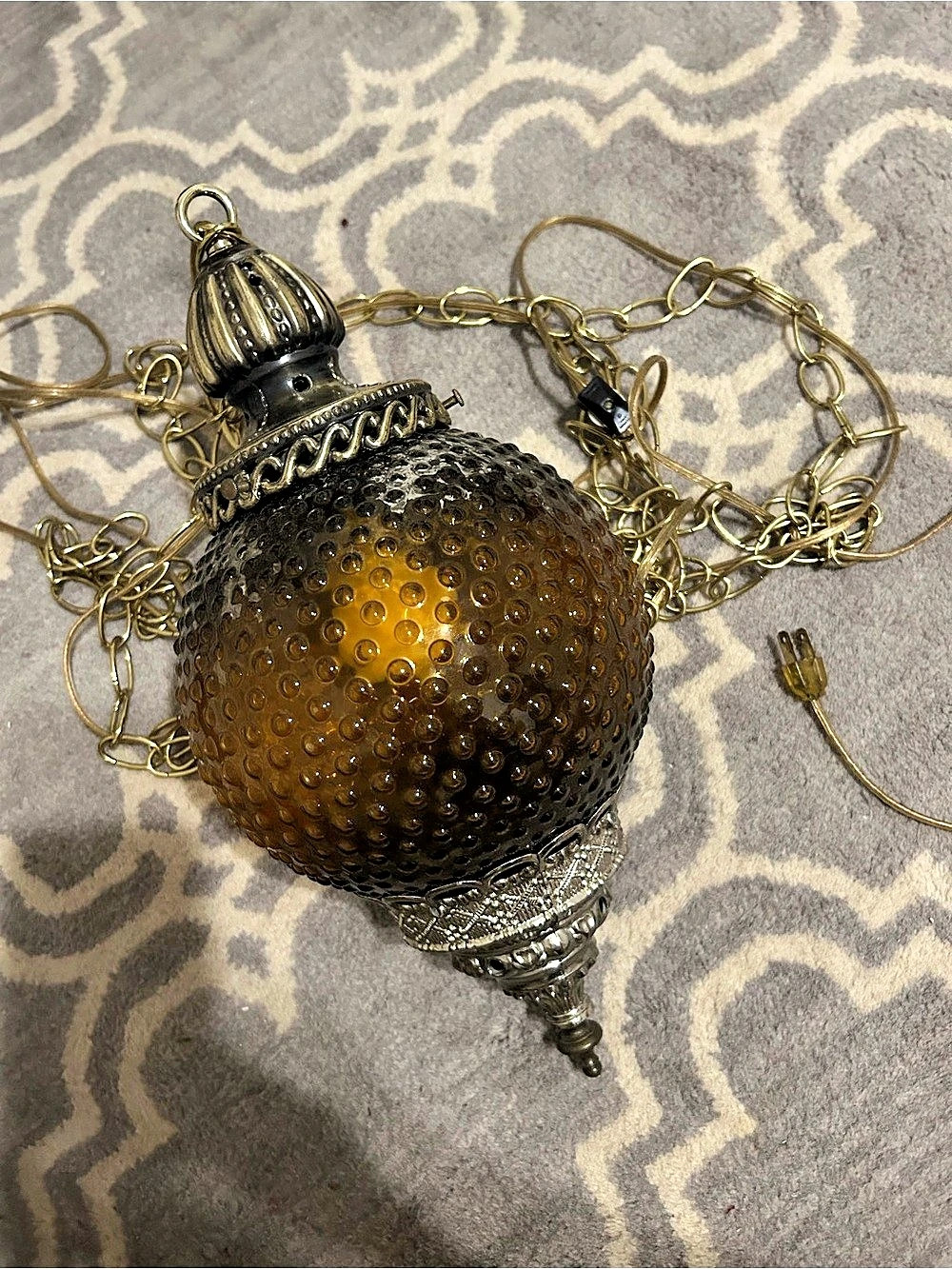 Amber Hobnail Glass Globe Swag Hanging Lamp w/ Chain, Corded Electric, 1 Light